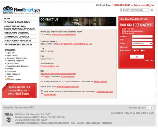 FloodSmart.gov contact us page