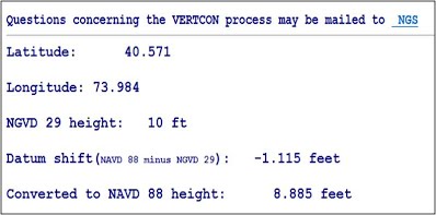 VERTCON results screen showing latitude value of 40.571, longitude value of 73.984, NGVD29 height of 10 feet, conversion factor of -1.115 feet and a converted elevation of 8.885 feet NAVD 88